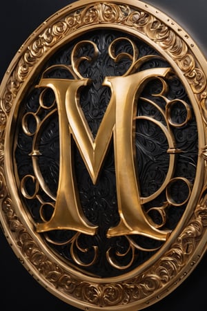  A majestic golden ((MQ Creativity)) monogrammed on a sleek black background write in the center. . The camera frames the metallic letters from a low angle, emphasizing their grandeur. Softbox lighting casts a warm glow, highlighting the intricate details of the engraving. The composition is simple yet powerful, with the (MQ Creativity)  centered and surrounded by darkness.