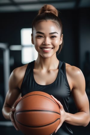 A fitness foreign woman, her determined face radiant. Her bright smile and energetic pose convey a sense of joy and accomplish  in sport room, black cloth, basket ball.chest bigger