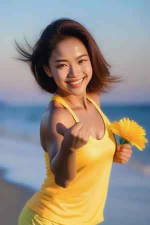 A fitness foreign woman, her determined face radiant. Her bright smile and energetic pose convey a sense of joy and accomplish  seabeach, blue cloth, flower in hand and sunset.