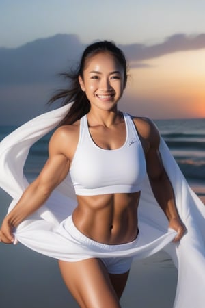 A fitness foreign woman, her determined face radiant. Her bright smile and energetic pose convey a sense of joy and accomplish  seabeach, white cloth, black horse and sunset.