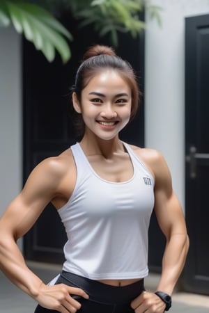 A fitness foreign woman, her determined face radiant. Her bright smile and energetic pose convey a sense of joy and accomplish and street , white cloth, black house.