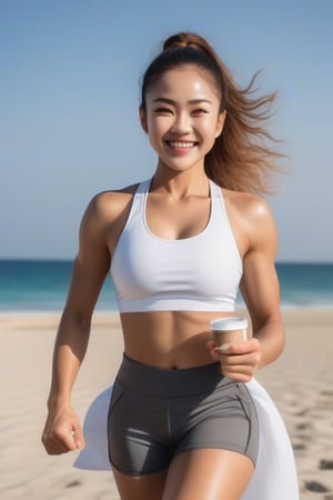 A fitness foreign woman, her determined face radiant. Her bright smile and energetic pose convey a sense of joy and accomplish and sandbeach. white cloth,the coffee room