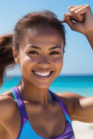 A fitness foreign woman, her determined face radiant. Her bright smile and energetic pose convey a sense of joy and accomplish and sandbeach.