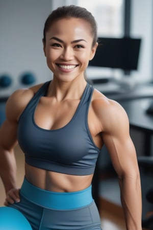 A fitness foreign woman, her determined face radiant. Her bright smile and energetic pose convey a sense of joy and accomplish and sit down in her office.