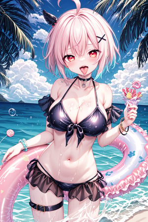 1girl, swimsuit, bikini, breasts, solo, food, black_bikini, candy, navel, lollipop, large_breasts, black_hair, tongue, red_eyes, multicolored_hair, outdoors, looking_at_viewer, side-tie_bikini_bottom, colored_inner_hair, choker, holding, wet, day, stomach, two-tone_hair, short_hair, tongue_out, string_bikini, sky, holding_food, ahoge, sharp_teeth, bangs, multi-strapped_bikini, black_choker, pink_hair, tail, hair_ornament, open_mouth, cleavage, cowboy_shot, blue_sky, cloud, blush, teeth, thigh_strap, bare_shoulders, ocean, off_shoulder, thighs, x_hair_ornament, skindentation, innertube, holding_candy, water, see-through, bracelet