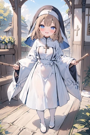 masterpiece,best quality, highly detailed, 1girl,long sleeves, Blue eyes, brown hair,medium hair,Round face, smaller, younger,solo,wide sleeves,looking at viewer,White pantyhose,blush,white footwear,white dress,full body,open mouth,medium breasts,smile,cross, wooden stick,holding wooden stick,loli,Coarse linen clothes,Rural clothes, Simple and plain clothes, simple and plain weapons,nun,church