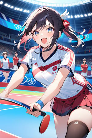 stunning scene of the 2024 Olympic table tennis competition, featuring Japan's table tennis angel. She is in the middle of an intense match, her eyes focused and her posture perfect. She wears a stylish Japanese team uniform with the national flag prominently displayed. The background shows a modern Olympic arena filled with excited spectators, many waving Japanese flags and cheering her on. The Olympic rings are visible in the background, and the atmosphere is electric with anticipation and national pride. The lighting highlights her swift movements and concentrated expression as she prepares to return a serve.,black stockings