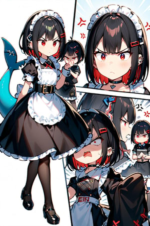 more detail XL,ellen, red eyes, black hair, short hair, colored inner hair, hairclip, ear piercing, fins, shark tail,maid headdress, hair ornament, black dress, puffy short sleeves, choker, frilled dress, high-waist skirt, black pantyhose, wrists cuffs, apron, belt, black footwear, angry,black stockings