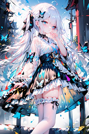 (masterpiece), (best quality), illustration, ultra detailed, hdr, Depth of field, (colorful),[wlop],[[sheya]],hiten_(hitenkei), dynamic angle, lolita dress, see through, multi layered dress, bangs, ahoge, from side, very long hair, multi_colored hair, kimono,, long sleeves, twintails, masterpiece, best quality, blurry background, depth of field, iceflake, onnk, butterfly, white thighhighs, frilled thighhighs, see through, veil,white stockings