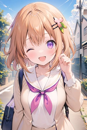 1girl, solo, looking at viewer, smile, short hair, open mouth, hair ornament, long sleeves, school uniform, purple eyes, upper body, outdoors, one eye closed, sky, day, hairclip, cloud, sailor collar, bag, orange hair, ;d, white sailor collar, hoto cocoa,white stockings