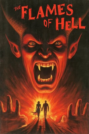 the cover of a horror book titled "The Flames of Hell" (text in serif font), where a horned devil dominates the illustration, his mouth full of teeth is the exit of a tunnel from which flames come out and a man and a woman escape hand in hand with faces of horror fright. ,vintage horror illustration, detailed faces, ultra detailed illustration, 