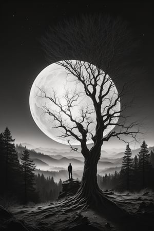 A serene, black-and-white landscape: a figure stands at the window, gazing out into the darkness. The only illumination comes from the radiant, silver-hued full moon hanging low in the monochromatic sky. In the foreground, a majestic tree's silhouette dominates the frame, its branches stretching towards the heavens like skeletal fingers. The forest beyond is shrouded in misty rain, as if the night itself was weeping tears of diamonds.