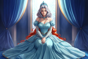 In a regal portrait, a statuesque beauty stands confidently, her piercing blue eyes locking onto the viewer with unyielding pride. Her ravishing silver hair, like a fiery waterfall, cascades down her back, framing her luminous face. A delicate blue tiara adorns her head, harmonizing with the soft pastel tones of her alluring blue gown. The sweetheart neckline reveals a hint of middle chestnut breasts, further emphasizing her commanding presence and breathtaking beauty. One knee bends slightly, exuding an air of quiet power as she stands tall, her gaze unwaveringly fixed on the viewer.