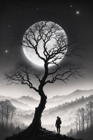 A serene, black-and-white landscape: a figure stands at the window, gazing out into the darkness. The only illumination comes from the radiant, silver-hued full moon hanging low in the monochromatic sky. In the foreground, a majestic tree's silhouette dominates the frame, its branches stretching towards the heavens like skeletal fingers. The forest beyond is shrouded in misty rain, as if the night itself was weeping tears of diamonds.