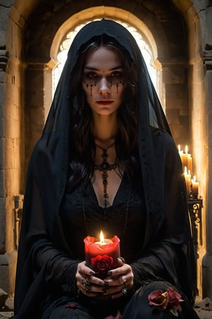 In a dimly lit chamber, a 25-year-old woman sits amidst grand gravestones and crumbling monuments, her dark dress blending with the shadows as she cradles a skull in her lap, her two hands, adorned with intricate rings, delicately grasping the skull's edges. Rose petals and fresh roses surround her, their beauty starkly juxtaposed against the macabre scene. Candles flicker, casting eerie silhouettes on the walls. The woman's black veil of sorrow shrouds her face, while an insidious smile plays upon her lips, betraying a wicked intent.