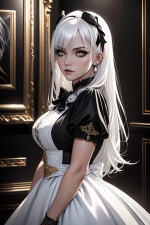 masterpiece, professional, award-winning, intricate details, ultra high detailed, 64k, dramatic light, volumetric light, dynamic lighting,Movie Aesthetic,action shot,photo r3al, cinematic moviemaker style,black theme,pinup style, silver, gold. Dark fantasy,1girl, (((white hair))),((black hair bow)),(long hair),white dress,(extremely detailed face),((extremely detailed eyes)),gold eyes,piercing eyes,bangs, Conjure an atmosphere that embodies the essence of a black magician, bringing to life the menacing presence of this dark fantasy antagonist with a perfect blend of sinister allure and formidable strength,score_9,score_8_up,score_7_up,more detail XL,Realism