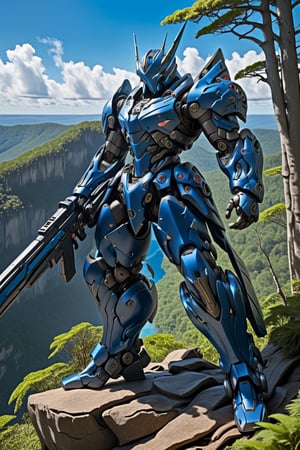 Metallic blue cyborg stands at cliff's edge, knee bent in warrior's stance, rifle gripped tight in raised hand. Eyes fixed intently on forest floor below, where shadows dance beneath rare clouds scattered across clear blue sky. Verdant treetops rise like a sea, rugged terrain stretching to the horizon.