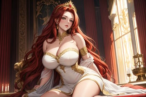 A stately beauty girl, stands tall, her piercing golden eyes directly addressing the viewer with confidence and pride. Her extremely long, red locks cascade down her back like a golden waterfall, framing her radiant face. A delicate white tiara crowns her head, complementing the flowing pastel hues of her sexy white dress. Big chestnut breasts peek out from beneath the dress's sweetheart neckline, adding to the overall sense of mastery and beauty in this stunning portrait.,one knee