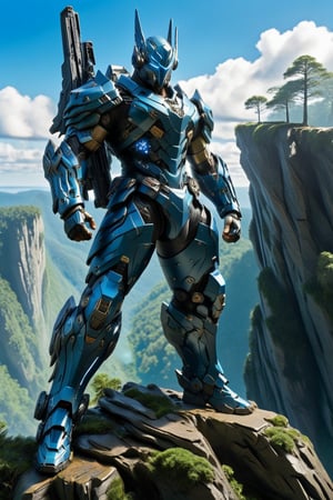 A metallic blue cyborg stands poised atop a rugged cliff, one knee bent in a warrior's stance, as a majestic forest rises below like a verdant sea. He grips an automatic rifle tightly in his raised hand, eyes locked intently on the forest floor, where shadows dance beneath the rare clouds scattered across the clear blue sky.