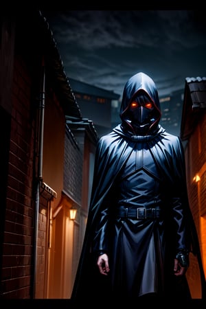 A dark alleyway shot at dusk, with warm orange-yellow lighting casting long shadows. A hooded figure, dressed in black attire with a cloak or cape flowing behind, steps forward from the darkness. The assassin's pose is stern and imposing, eyes fixed intently on the viewer. The brick wall behind features vibrant turquoise graffiti depicting swirling patterns, symbols, and cryptic messages that appear to pulse with an otherworldly energy. The composition emphasizes the mysterious figure at center frame, with the urban landscape and mystical themes serving as a surreal backdrop.