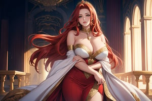 A stately beauty girl, stands tall, her piercing golden eyes directly addressing the viewer with confidence and pride. Her extremely long, red locks cascade down her back like a golden waterfall, framing her radiant face. A delicate white tiara crowns her head, complementing the flowing pastel hues of her sexy white dress. Big chestnut breasts peek out from beneath the dress's sweetheart neckline, adding to the overall sense of mastery and beauty in this stunning portrait.,one knee