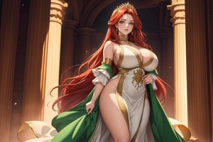 Stately beauty girl, standing tall with piercing green eyes directly addressing the viewer with confidence and pride, amidst a soft focus background. Her long, fiery red locks cascade down her back like a golden waterfall, framing her radiant face adorned with a delicate white tiara. A flowing pastel-hued white dress drapes elegantly around her figure, showcasing big chestnut breasts peeking out from beneath the sweetheart neckline. One knee slightly bent, exuding mastery and beauty in this stunning portrait.