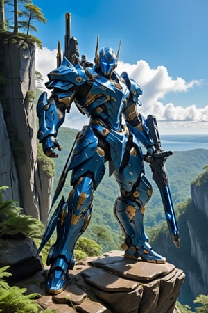 A metallic blue cyborg stands poised atop a rugged cliff, one knee bent in a warrior's stance, as a majestic forest rises below like a verdant sea. He grips an automatic rifle tightly in his raised hand, eyes locked intently on the forest floor, where shadows dance beneath the rare clouds scattered across the clear blue sky.