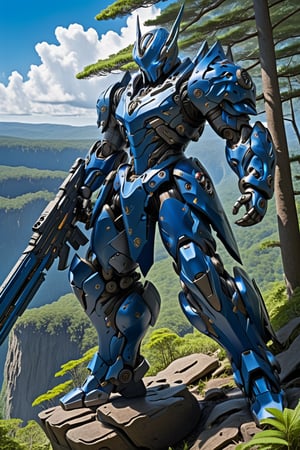 Metallic blue cyborg stands at cliff's edge, knee bent in warrior's stance, rifle gripped tight in raised hand. Eyes fixed intently on forest floor below, where shadows dance beneath rare clouds scattered across clear blue sky. Verdant treetops rise like a sea, rugged terrain stretching to the horizon.