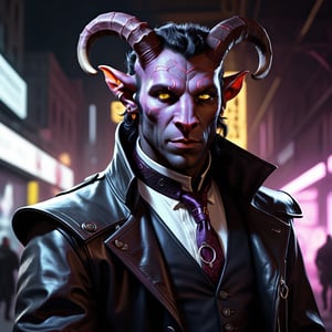 male, (tiefling:1.4), A slick, well-dressed man with a commanding presence. His eyes gleam with avarice, and he carries himself with an air of superiority, cyberpunk, , nightcity, underground, realistic, portrait art style, portraitart, (4k:1.6) 