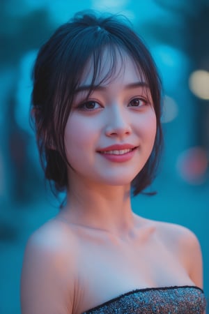 jpn girl , sexy outfit, upper body, tube top,front view, oily skin,(Masterpiece, Top Quality, Top Image Quality, Official Art, Aesthetic and Beautiful: 1.2), (1girl: 1.4), beautiful white skin, shining dark brown eyes, clear eyes, running nose, smiling face, portrait, extreme color, best Fine Detail, Simple Background, 16K, High Resolution, Perfect Dynamic Composition, Bokeh, (Sharp Focus:1.2), Super Wide Angle, High Angle, High Color Contrast, Medium Shot, Depth of Field, Background Blur,,itacstl