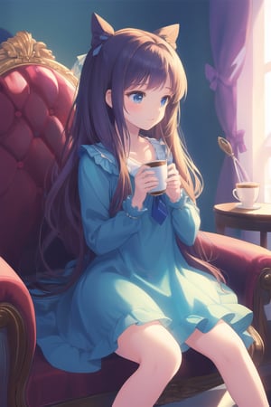 masterpiece, best quality,  Alice, 1girl, long hair, solo, sitting, looking at viewer, hair bow, very long hair, holding cup, long sleeves, necktie, blue dress, on chair, hairband 