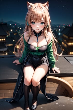 Cute anime girl with light brown hair and green eyes. Icon vector image. Anime girl, green sweater, brown hair, green eyes, anime, anime girl, sexy and sensual, unique and attractive full body pose, dark blue lighting, black skirt,stockings, long colored hair, beautiful face and beautiful eyes,  on the roof of night Tokyo in a delicate neon style, fluffy tail and ears .8k, 50mm