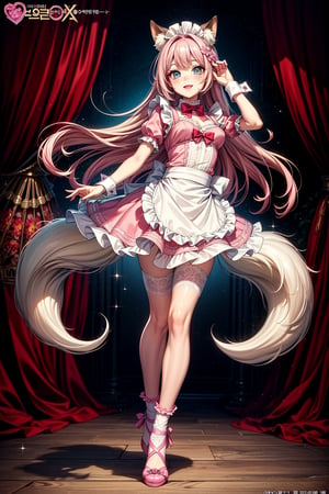 (Masterpiece, Highest quality, Best quality, Official art, Beauty and aesthetics: 1.2), hdr, high contrast, wide angle lens, photorealism, full body,
The pink fox girl system, a system where women dress up as cute pink foxes. This visually stunning image features a soft pink vixen girl with intricate lace detailing on her outfit, a fluffy tail and exaggerated kawaii makeup. The image looks like a detailed digital painting, showing the artist's impeccable craftsmanship and attention to detail. Soft pastel colors and whimsical details create a whimsical and magical atmosphere. This high-quality image exudes charm and fantasy, drawing viewers into a world of playful innocence and femininity. Maid Uniform 1 Girl Most Beautiful Korean Girl Korean Beauty Model Stunningly Beautiful Girl Gorgeous Girl Big Eyes Smiling Looking At Viewer