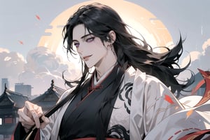 1 man, ((black straight hair)), long hair, purple eyes, handsome, angular jaw, thick neck, (((hanfu:1.3))), evil smile, ready for battle, holding sword, long sleeve, masterpiece, full_body_shot, mist and fog, smokey swirls, Chinese style