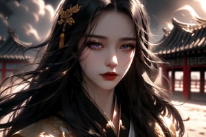 (cowboy shot), dynamic action style, (1woman), (female:1.2), mature face, (mature girl:1.2), sinister smirk, (Chinese hanfu with black and gold accents), finely detailed eyes and face, slim figure, (long black straight hair:1.2) flowing, (purple eyes:1.1), (focus on character:1.1), ((solo)), detailed face, detailed eyes, Chinese epic style, clear subject, ultra realistic, ultra detailed, OC rendering, blender, high detail, ultra high quality, dark and ominous atmosphere, dark clouds swirling, subtle mist
