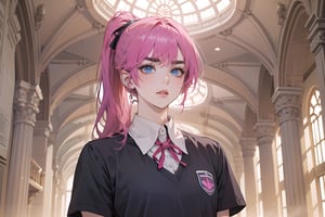 ((Fuchsia hair)), (thick eyebrows), (small chest:1.1), (bangs), ((long ponytail)), blue eyes, mad, wearing a ((school uniform)), short sleeve, by Raphael, masterpiece, upper body shot, magnificent indoor hall,Argissa,1 girl