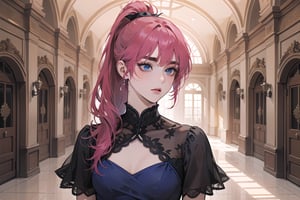 ((Fuchsia hair)), (thick eyebrows), (small chest:1.1), (bangs), ((long ponytail)), blue eyes, mad, wearing a ((Crimson Romanticism dress)), short sleeve, by Raphael, masterpiece, upper body shot, magnificent indoor hall,Argissa,1 girl