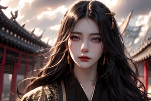 (cowboy shot), dynamic action style, (1woman), (female:1.2), mature face, (mature girl:1.2), sinister smirk, (Chinese hanfu with black and gold accents), finely detailed eyes and face, slim figure, (long black straight hair:1.2) flowing, (purple eyes:1.1), (focus on character:1.1), ((solo)), detailed face, detailed eyes, Chinese epic style, clear subject, ultra realistic, ultra detailed, OC rendering, blender, high detail, ultra high quality, dark and ominous atmosphere, dark clouds swirling, subtle mist
