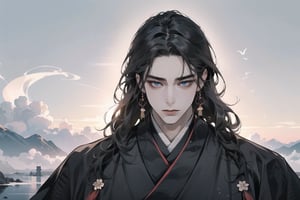 1 man, ((black curly hair)), blue eyes, handsome, angular jaw, thick neck, male focus, (((hanfu:1.3))), long sleeve, masterpiece, upper body shot, mist and fog, smokey swirls,Chinese style