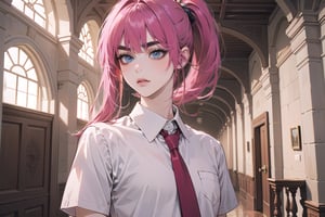 ((Fuchsia hair)), (thick eyebrows), (small chest:1.1), (bangs), ((long ponytail)), blue eyes, mad, wearing a ((school uniform)), red tie, short sleeve, by Raphael, masterpiece, upper body shot, magnificent indoor hall,Argissa,1 girl