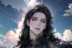 (Absurdres, Intricate Details, Masterpiece, Best Quality, High Resolution, 8k), (1man), (male:1.2), mature face, (mature boy:1.2), finely detailed eyes and face, lean body, ((black long straight hair:1.3)), (purple eyes), (focus on character:1.1), solo, full shot, ((full body)), detailed background, detailed face, thunder manipulation, dynamic shadows, ethereal atmosphere, Depth of Field, lighting sword, swordman, spellcaster, Chinese style, (((Ascension))), Mysterious clouds, thunderstorm, (defying gravity:1.1), (hovering:1.3), (levitate:1.3), 