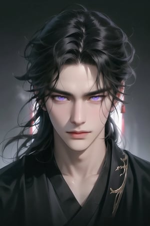 (cowboy shot), dynamic action style, (1man), (male:1.2), mature face, (mature boy:1.2), sinister smirk, (Chinese hanfu with black and gold accents), finely detailed eyes and face, (long black straight hair:1.2), (purple eyes:1.1), (focus on character:1.1), ((solo)), detailed face, detailed eyes, Chinese epic style, clear subject, ultra realistic, ultra detailed, OC rendering, blender, high detail, ultra high quality, dark and ominous atmosphere, dark clouds swirling, subtle mist