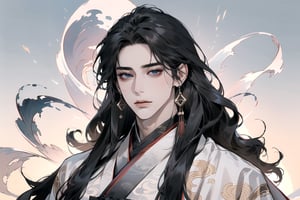 1 man, ((black curly hair)), long hair, blue eyes, handsome, angular jaw, thick neck, (((hanfu:1.3))), long sleeve, masterpiece, full_body_shot, mist and fog, smokey swirls, Chinese style