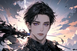 (Absurdres, Intricate Details, Masterpiece, Best Quality, High Resolution, 8k), (1man), (male:1.2), mature face, (mature boy:1.2), finely detailed eyes and face, lean body, black long straight hair, (purple eyes), (focus on character:1.1), solo, full shot, full body, detailed background, detailed face, thunder manipulation, dynamic shadows, ethereal atmosphere, Depth of Field, lighting sword, swordman, spellcaster, Chinese style, (((Ascension))), Mysterious clouds, thunderstorm, (floating:1.6)