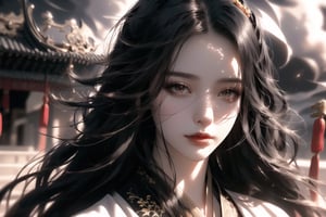 (cowboy shot), dynamic action style, (1woman), (female:1.2), mature face, (mature girl:1.2), sinister smirk, (Chinese hanfu with black and gold accents), finely detailed eyes and face, slim figure, (long black straight hair:1.2) flowing, (purple eyes:1.1), (focus on character:1.1), ((solo)), detailed face, detailed eyes, Chinese epic style, clear subject, ultra realistic, ultra detailed, OC rendering, blender, high detail, ultra high quality, dark and ominous atmosphere, dark clouds swirling, subtle mist
