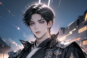 (Absurdres, Intricate Details, Masterpiece, Best Quality, High Resolution, 8k), (1man), (male:1.2), mature face, (mature boy:1.2) finely detailed eyes and face, lean body, adventurous appearance, finely detail eyes and face, black long wavy hair, purple eyes, (focus on character:1.1), solo, full shot, looking down, detailed background, detailed face, (glowing runes, glowing runes theme:1.1), glowing eyes, thunder, thunder manipulation, weightless, ascending, thunder vegetation, magical aura, shocked buildings, advanced technology, translucence, dynamic shadows, ethereal atmosphere, thorough, finely detailed background, Depth of Field, lighting sword, swordman, male, spellcaster, electric energey, lighting robe, fabric lighting robe, electric robe, Chinese style