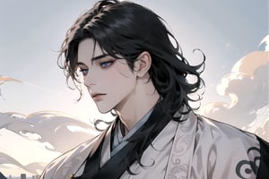 1 man, ((black curly hair)), blue eyes, handsome, angular jaw, thick neck, male focus, (((hanfu:1.3))), long sleeve, masterpiece, upper body shot, mist and fog, smokey swirls,Chinese style