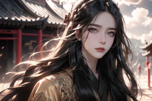 (cowboy shot), dynamic action style, (1woman), (female:1.2), mature face, (mature girl:1.2), sinister smirk, (Chinese hanfu with black and gold accents), finely detailed eyes and face, slim figure, (long black straight hair:1.2), (purple eyes:1.1), (focus on character:1.1), ((solo)), detailed face, detailed eyes, Chinese epic style, clear subject, ultra realistic, ultra detailed, OC rendering, blender, high detail, ultra high quality, dark and ominous atmosphere, dark clouds swirling, subtle mist