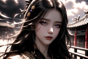 (cowboy shot), dynamic action style, (1woman), (female:1.2), mature face, (mature girl:1.2), sinister smirk, (Chinese hanfu with black and gold accents), finely detailed eyes and face, slim figure, (long black straight hair:1.2) flowing, (purple eyes:1.1), (focus on character:1.1), ((solo)), detailed face, detailed eyes, Chinese epic style, clear subject, ultra realistic, ultra detailed, OC rendering, blender, high detail, ultra high quality, dark and ominous atmosphere, dark clouds swirling, subtle mist
