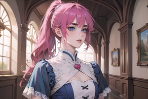 ((Fuchsia hair)), (thick eyebrows), (small chest:1.1), (bangs), ((long ponytail)), blue eyes, mad, wearing a ((Romanticism dress)), short sleeve, by Raphael, masterpiece, upper body shot, magnificent indoor hall,Argissa,1 girl